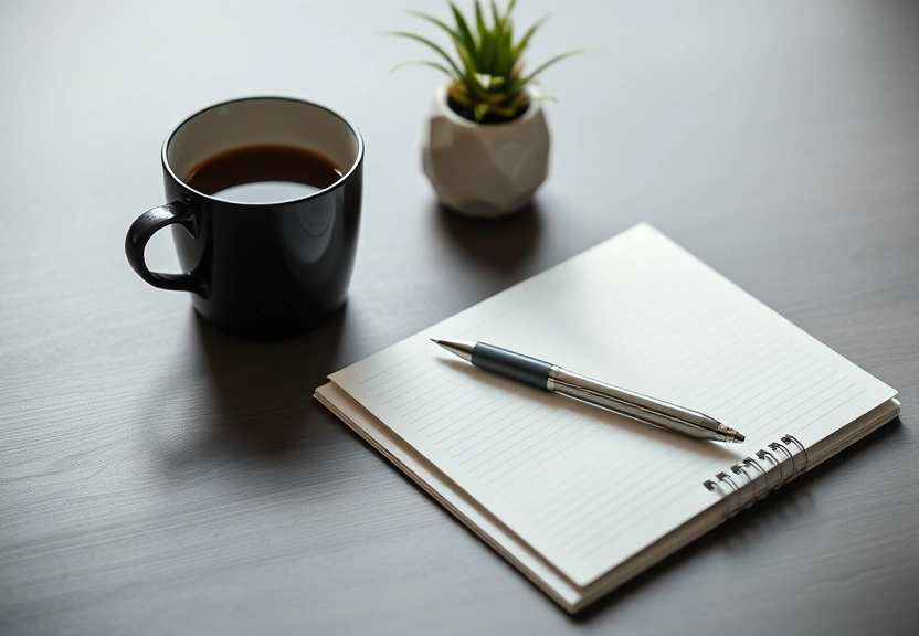 Mesa arrumada com caderno fechado, caneta e uma xícara de café