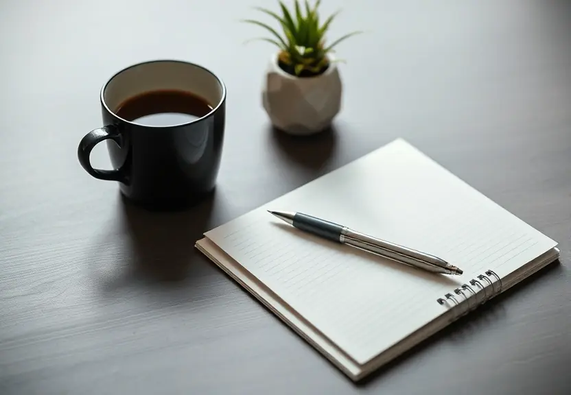 Mesa arrumada com caderno fechado, caneta e uma xícara de café