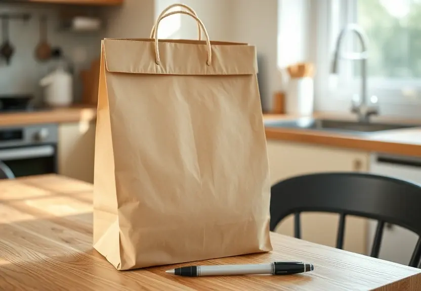 Sacola de papel e uma caneta sobre a mesa da cozinha