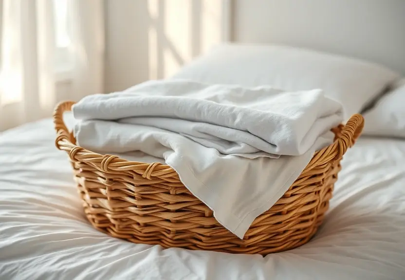 Cesto de roupa dobrada sobre a cama, na luz da tarde