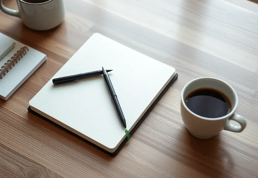 Mesa arrumada com caderno fechado, caneta e uma xícara de café