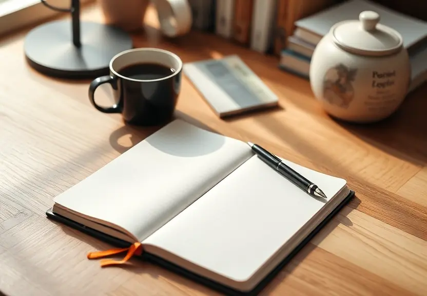 Mesa arrumada com caderno fechado, caneta e uma xícara de café