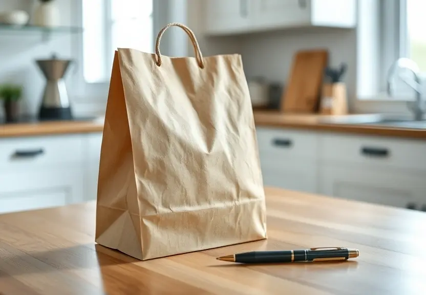Sacola de papel e uma caneta sobre a mesa da cozinha