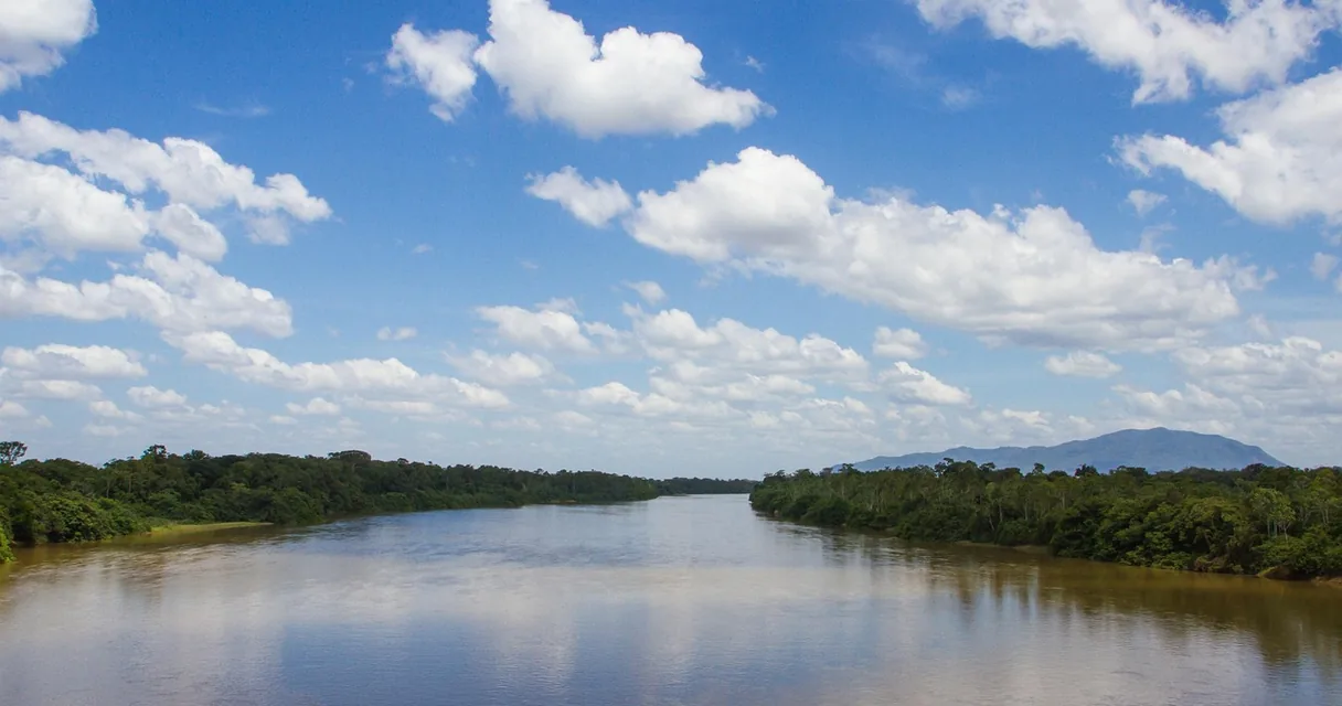 Rio largo cercado de mata sob céu azul com nuvens