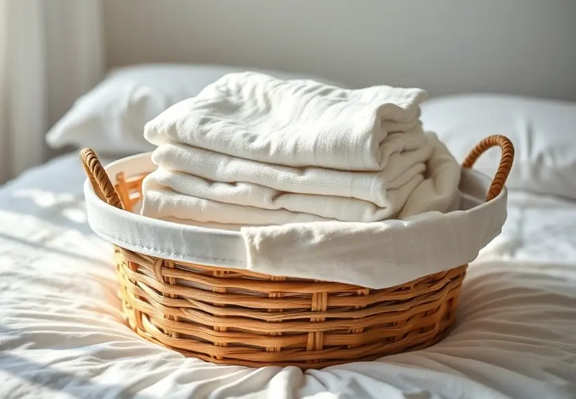 Cesto de roupa dobrada sobre a cama, na luz da tarde