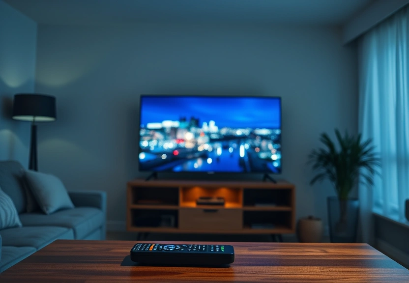 Televisão da sala ligada à noite, com o controle remoto sobre a mesa
