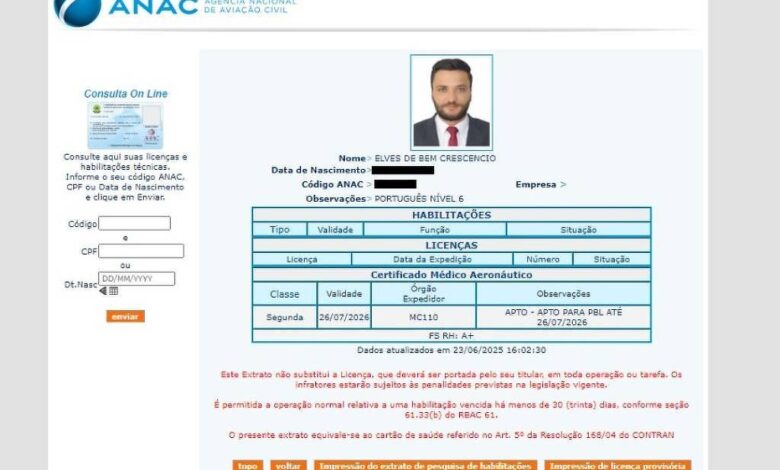 A imagem mostra um certificado da ANAC (Agência Nacional de Aviação Civil) com informações sobre um piloto. O documento inclui uma foto do piloto, nome, data de nascimento, código ANAC, observações e detalhes sobre habilitações e licenças. Há uma tabela com colunas para tipo, validade, número e classe das licenças, além de informações sobre o certificado médico aeronáutico. O fundo é claro e o layout é organizado.