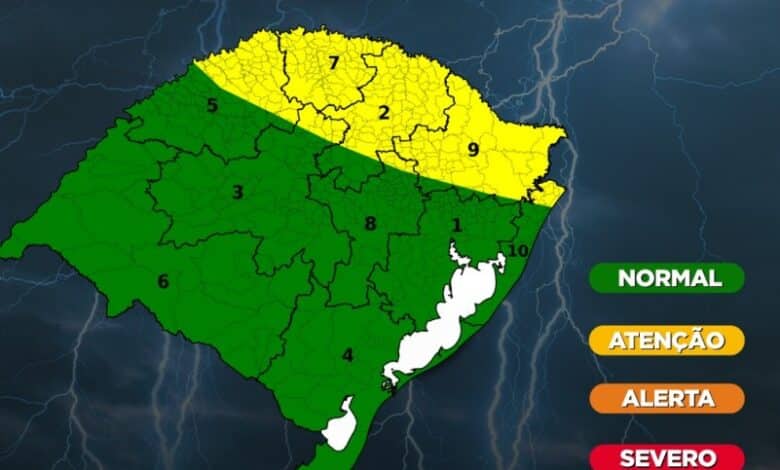 A Defesa Civil Estadual atualiza o aviso meteorológico: