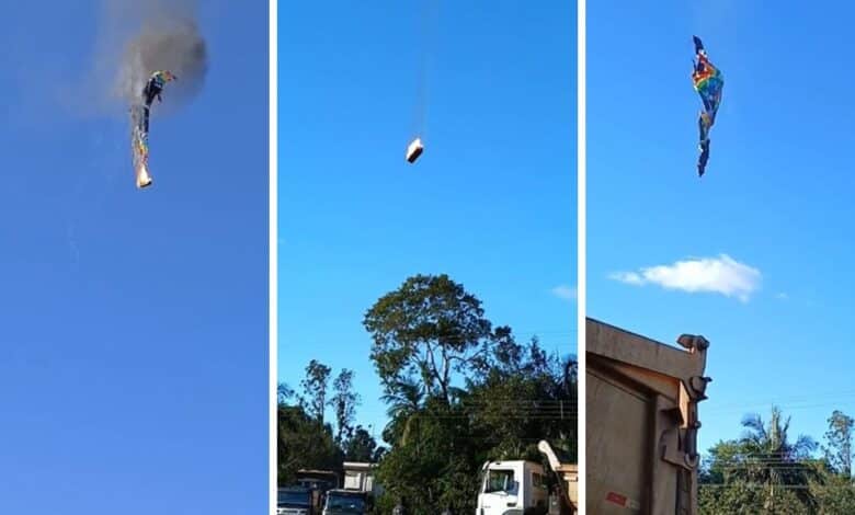 Balão pega fogo durante passeio em SC, cai e bombeiros confirmam mortos e feridos; FOTOS