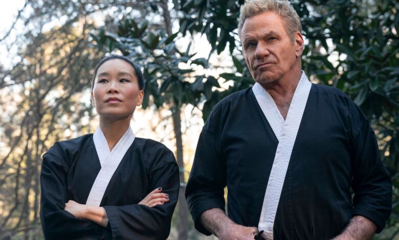 Alicia Hannah-Kim as Kim Da-Eun, Martin Kove as John Kreese in Cobra Kai.