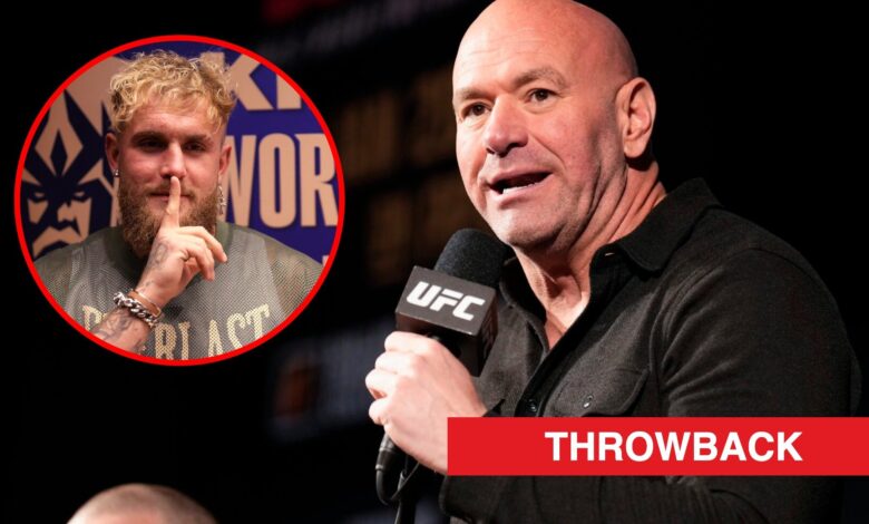 Main: Dana White on stage at the UFC 297 press conference. Inset: Jake Paul looks on during the Kings League world cup nations.