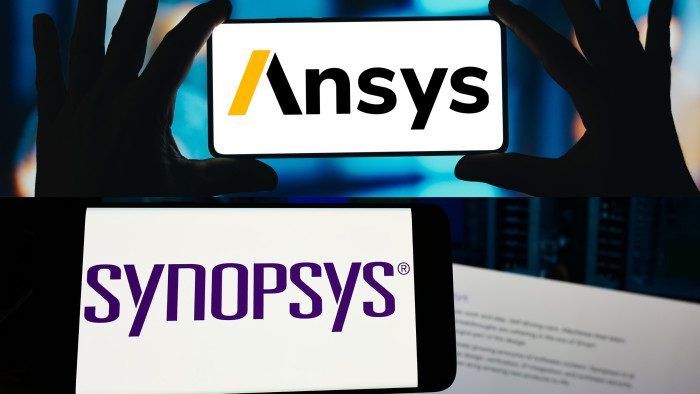 Stacked photos of the Ansys and Synopsys logos displayed on mobile phone screens