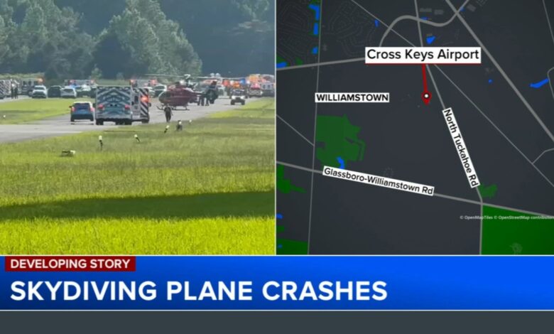 Skydiving plane crashes at Cross Keys Airport in Gloucester County, New Jersey; 14 injured