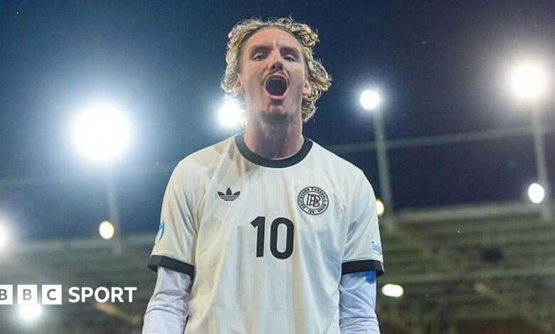 Nick Woltemade celebrates after scoring for Germany Under-21s against France at the Euros