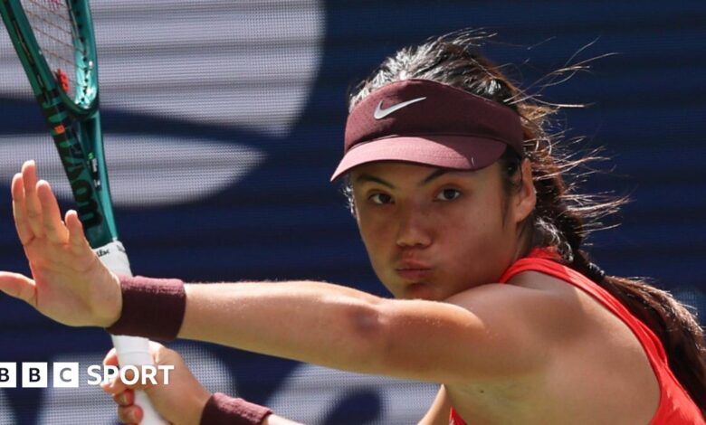 Emma Raducanu hits a forehand return at the 2025 US Open