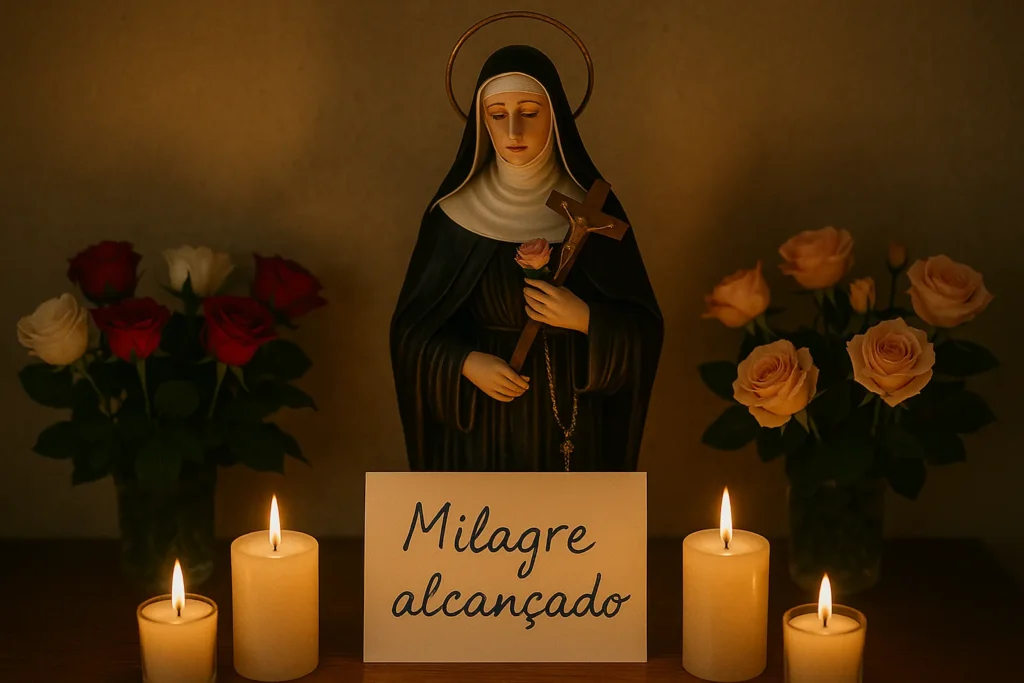 Altar devocional com imagem de Santa Rita de Cássia, cercada por velas e flores.