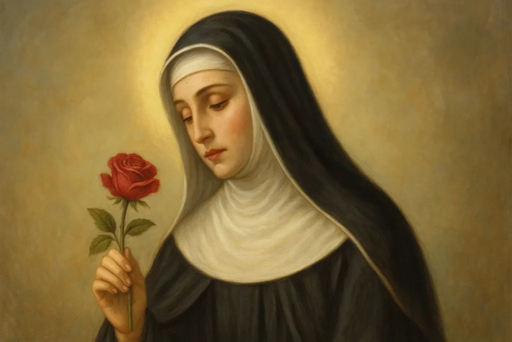 Representação de Santa Rita de Cássia segurando uma rosa vermelha.