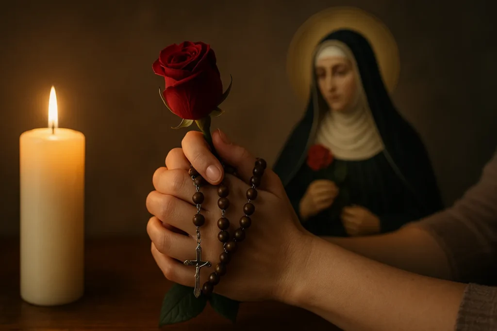 Altar devocional com imagem de Santa Rita de Cássia, cercada por velas acesas e flores.