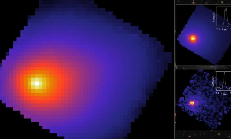 three different panels showing a bright orange and yellow blob on a deep purple background