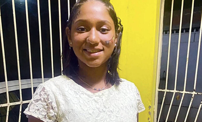 Uma menina está sorrindo em um ambiente interno. Ela usa uma blusa de renda branca e uma saia de tecido xadrez azul e branco. O fundo é uma parede amarela e há uma grade de metal ao fundo. A iluminação é suave, e há um carro visível através da grade.