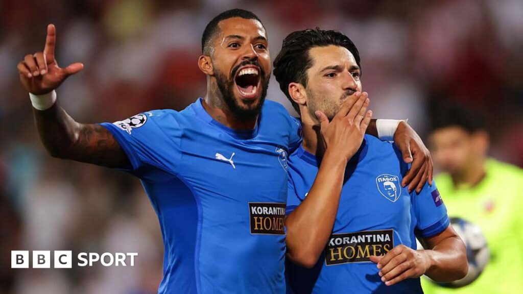 Pepe and Anderson celebrate a Pafos goal at Red Star Belgrade