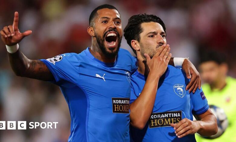 Pepe and Anderson celebrate a Pafos goal at Red Star Belgrade