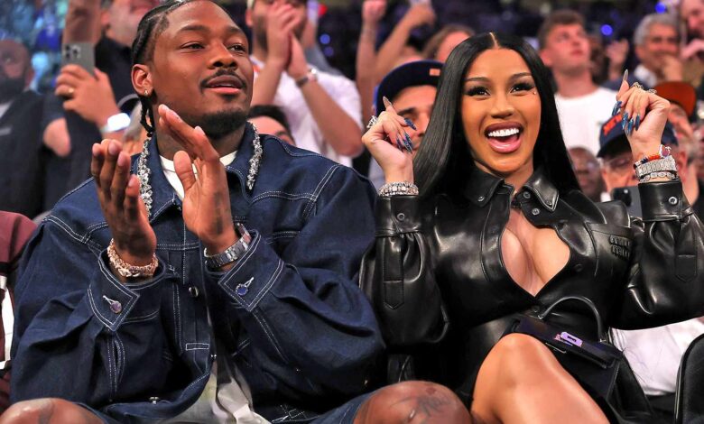 NFL Player Stefon Diggs and rapper Cardi B sits court-side during the first quarter in Game Four of the Eastern Conference Second Round NBA Playoffs