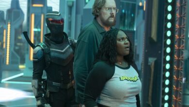 Vigilante, Economos and Adebayo stand in the extradimensional room on Peacemaker Season 2 Episode 6,