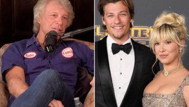 Jon Bon Jovi doing an interview with Bunnie XO; Jake Bongiovi and Millie Bobby Brown attend the world premiere of Netflix