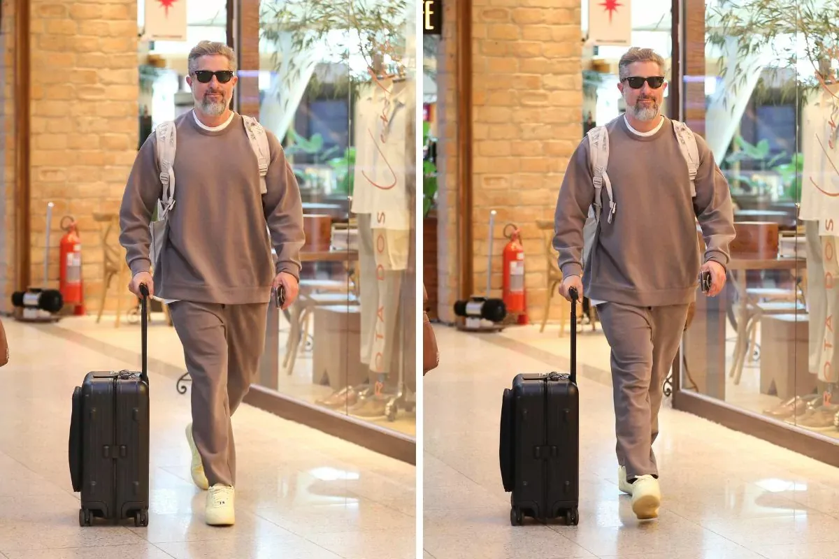 Marcos Mion adota look monocromático no aeroporto