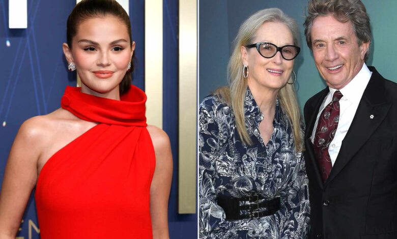 Selena Gomez attends the 77th Primetime Emmy Awards at Peacock Theater on September 14, 2025 in Los Angeles, California.; Meryl Streep, Martin Short arrives at the Season 4 Premiere Of Hulu