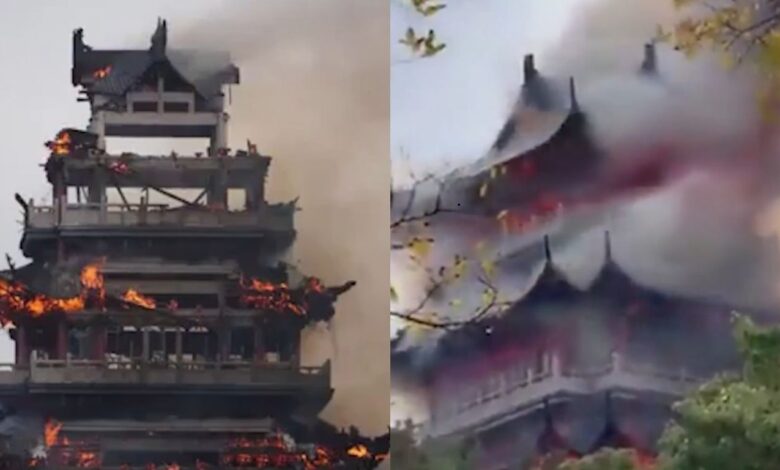 templo budista durante incendio