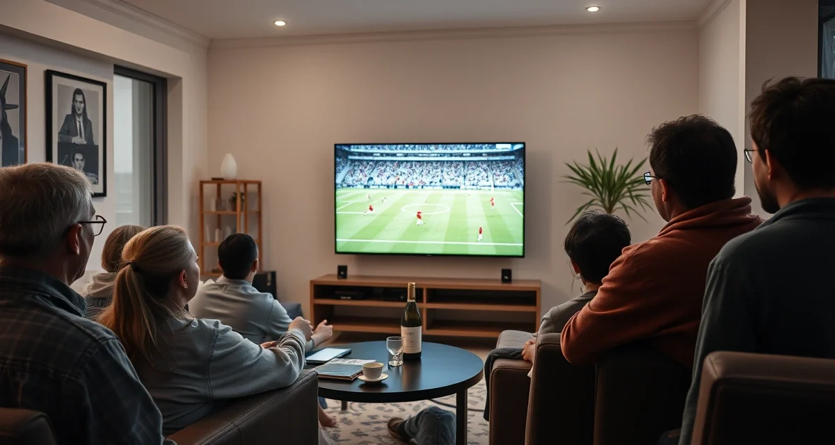 televisão na sala transmitindo partida de futebol com torcedores assistindo