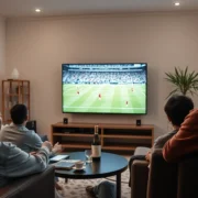televisão na sala transmitindo partida de futebol com torcedores assistindo