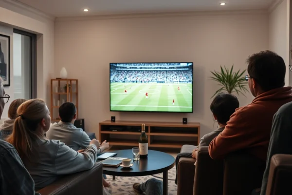 televisão na sala transmitindo partida de futebol com torcedores assistindo