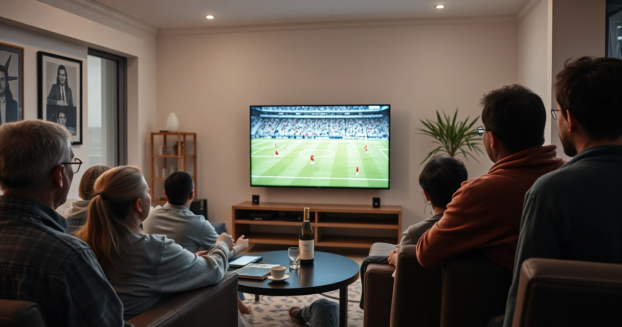 televisão na sala transmitindo partida de futebol com torcedores assistindo