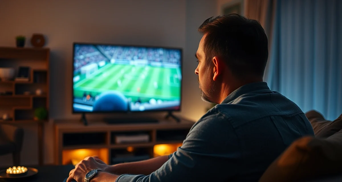 homem assistindo partida de futebol na televisão em casa à noite
