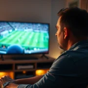 homem assistindo partida de futebol na televisão em casa à noite