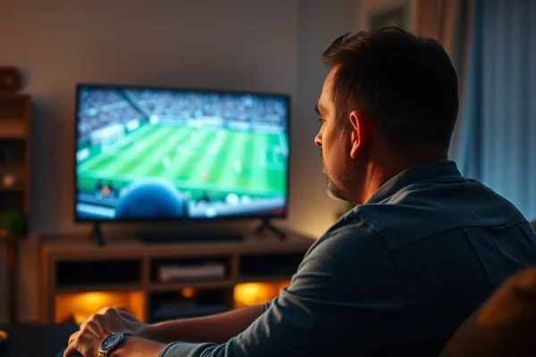 homem assistindo partida de futebol na televisão em casa à noite