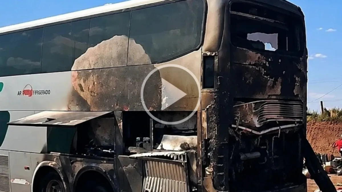 Ônibus pega fogo e é destruído na BR-163 em Jaraguari